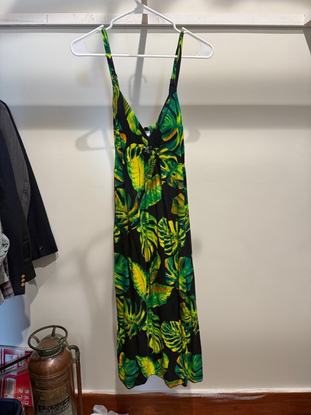 Tropical Leaf V‑Neck Slip Dress in Green & Yellow